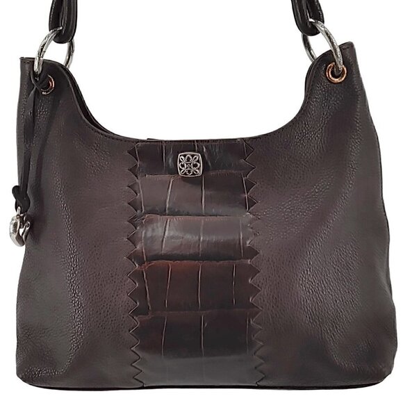 BRIGHTON Brown Pebble & Croco Embossed Leather Hobo Shoulder Bag Braided Strap